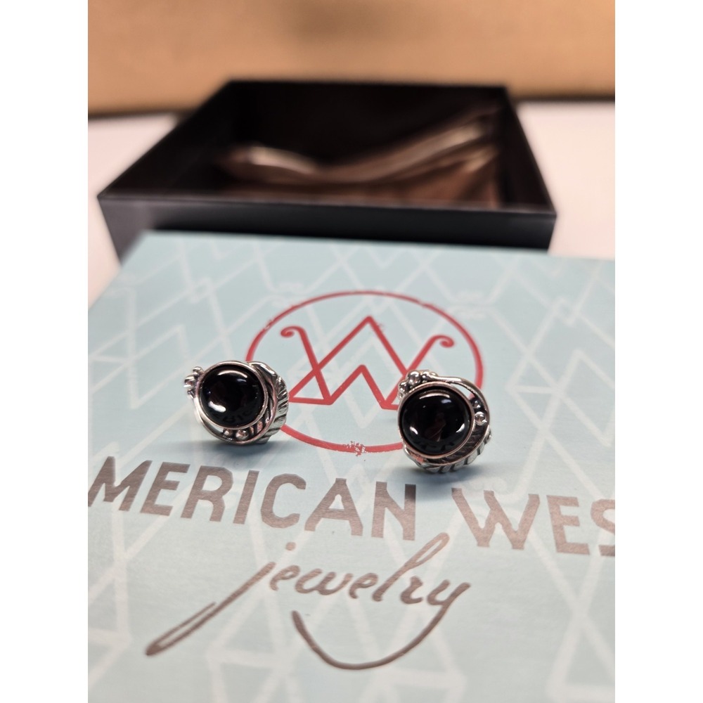 American West Sterling Silver Onyx Leaf Earrings 925 W/ Box